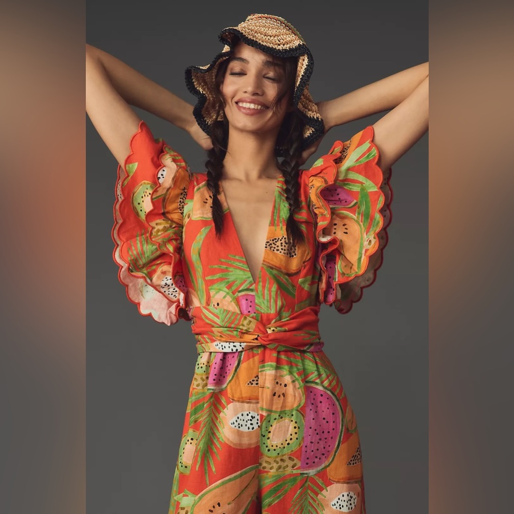 Farm Rio x Anthropologie Ruffle-Sleeve Deep-V Jumpsuit - Picture 2 of 8